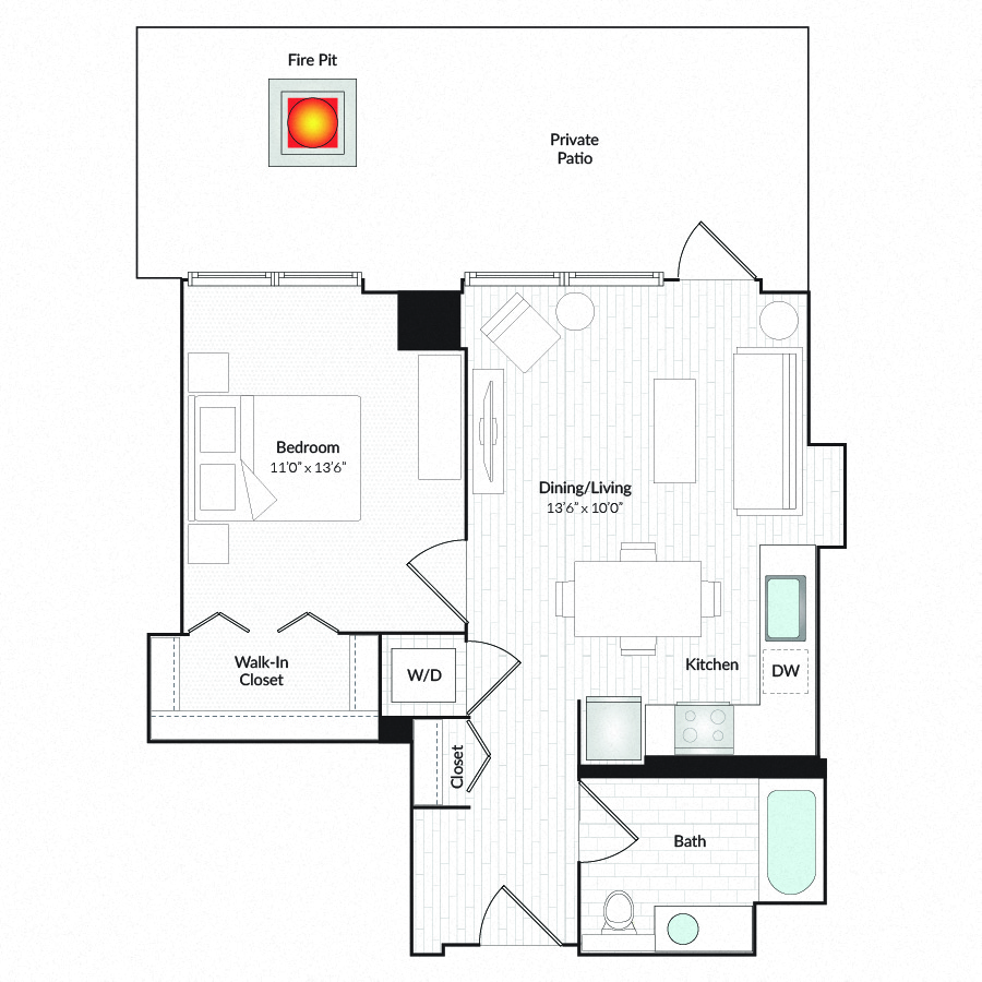 Floor plan for 1 bed, 1 bath, 661 sqft